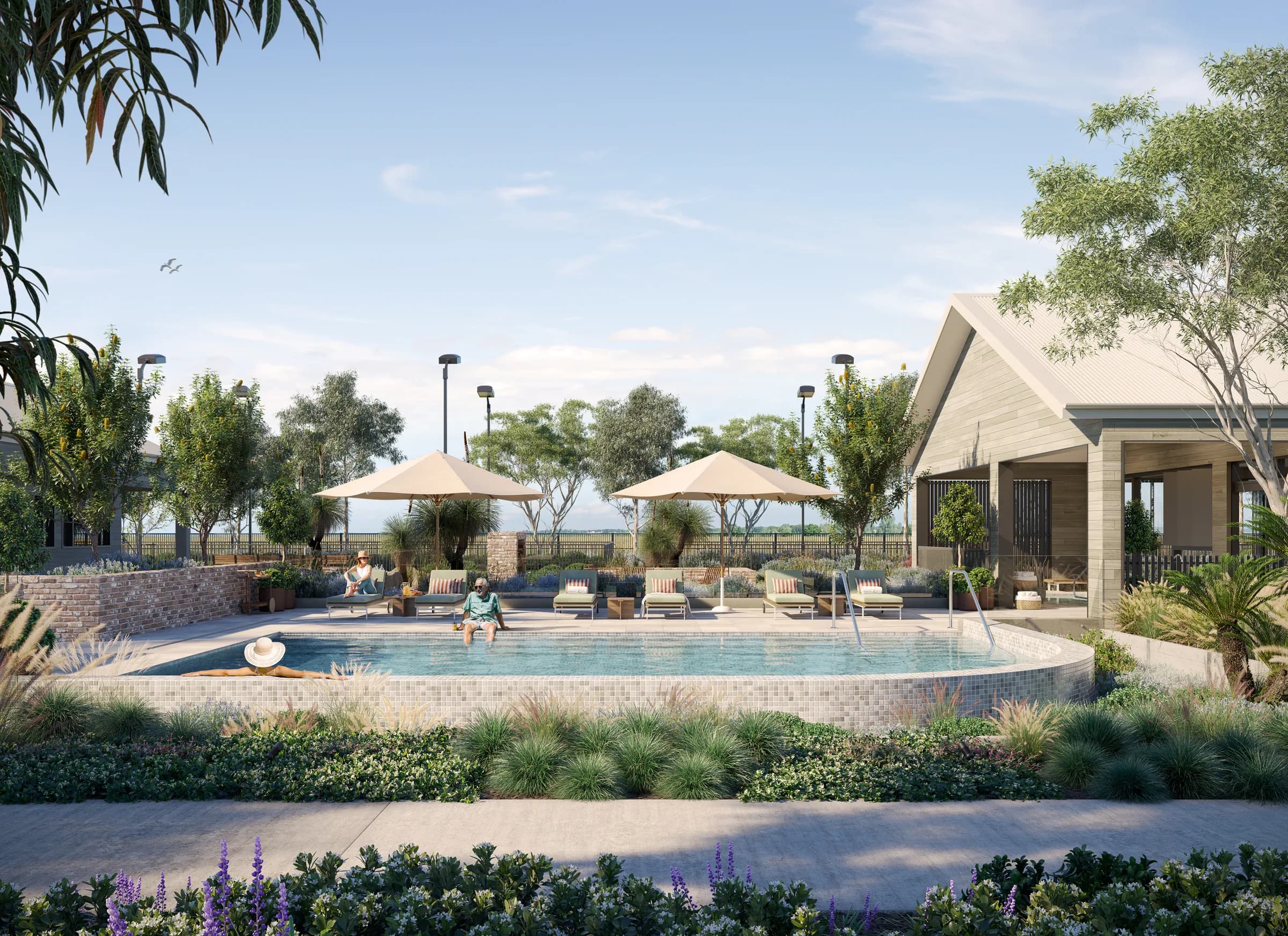 Halcyon Horizon — clubhouse outdoor pool at dusk